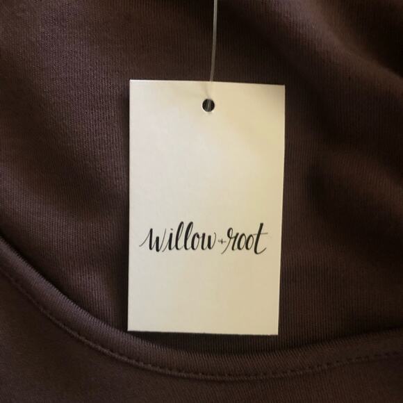 willow-root NWT Women’s Fitted Knit Top Contrast Lace Bell Sleeves Raisin Small - Picture 12 of 16